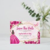Pink Princess Floral Quinceañera Save the Date Postkarte (Stehend Vorderseite)