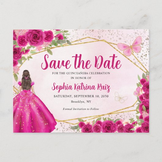 Pink Princess Floral Quinceañera Save the Date Postkarte (Vorderseite)
