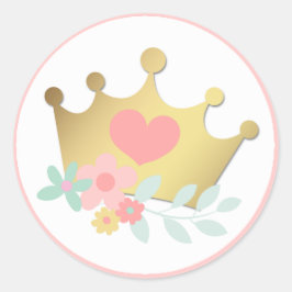 Pink Princess Gold Crown & Pastell Blume Geburtsta Runder Aufkleber