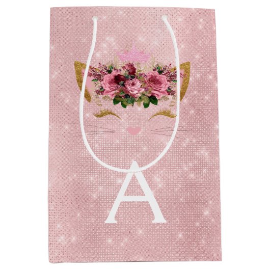 Pink Princess Kitten Rose Gold Blush Pink Glitzer Mittlere Geschenktüte (Vorderseite)