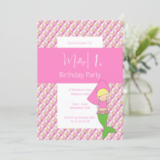 Pink Princess Mermaid 1. Geburtstag Party Einladung
