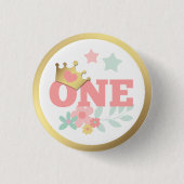 Pink Princess "One" Crown Baby Girl Erster Geburts Button (Vorderseite)