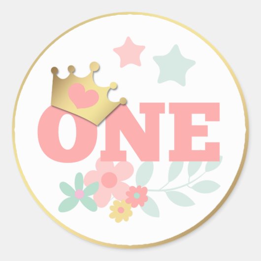 Pink Princess "One" Crown Baby Girl Erster Geburts Runder Aufkleber (Vorderseite)