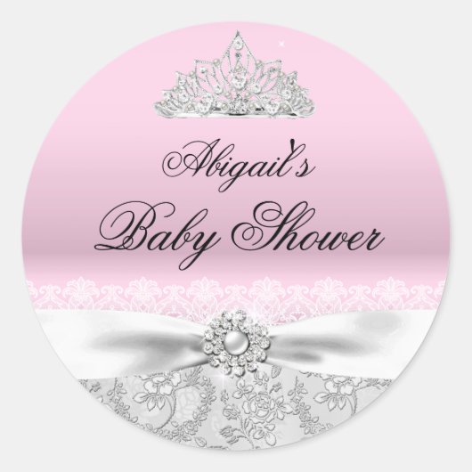 Pink Princess Tiara & Bow Baby Showsticker Runder Aufkleber (Vorderseite)