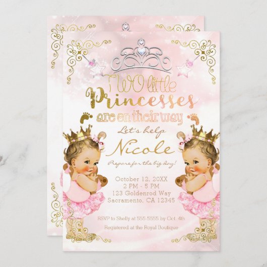 Pink Princess Tutu & Crown Twin Girls Babydusche Einladung (Vorne/Hinten)