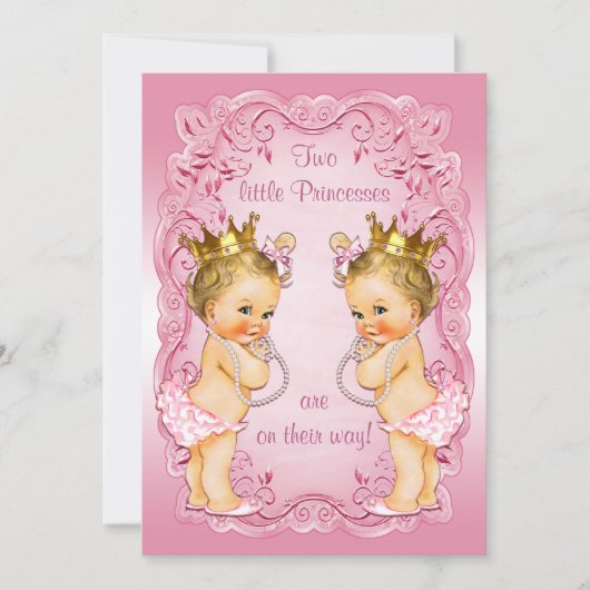 Pink Princess Twins mit Pearls Babydusche Einladung (Vorderseite)