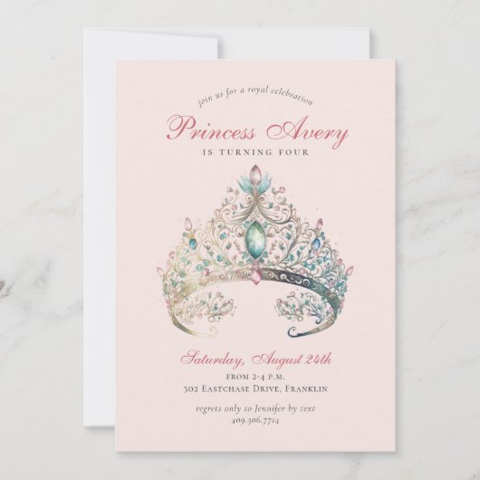 Pink Princess Watercolor Tiara Birthday Einladung (Vorderseite)