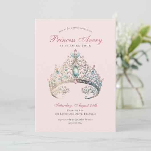 Pink Princess Watercolor Tiara Birthday Einladung (Stehend Vorderseite)