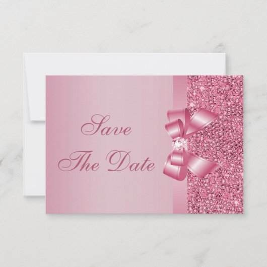 Pink Printed Sequins Bow & Diamond Save the Date (Vorderseite)