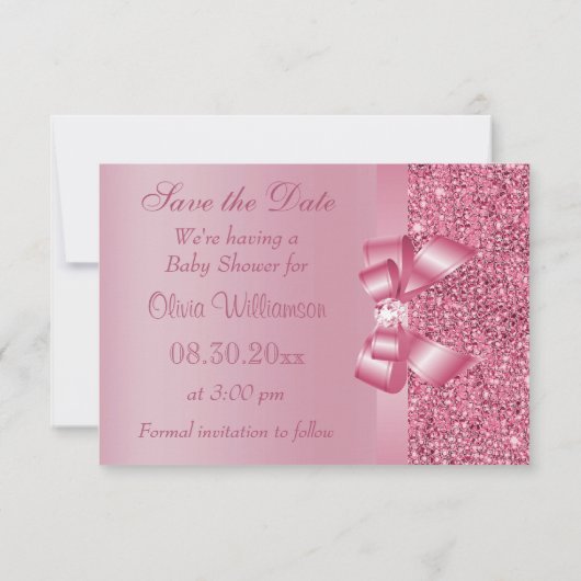 Pink Printed Sequins Bow & Diamond Save the Date (Rückseite)