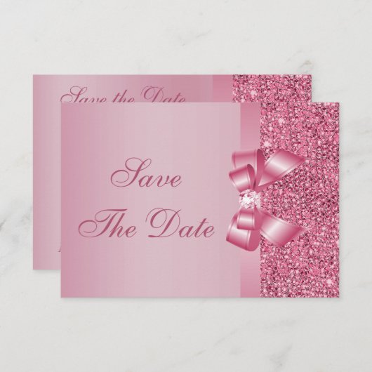 Pink Printed Sequins Bow & Diamond Save the Date (Vorne/Hinten)