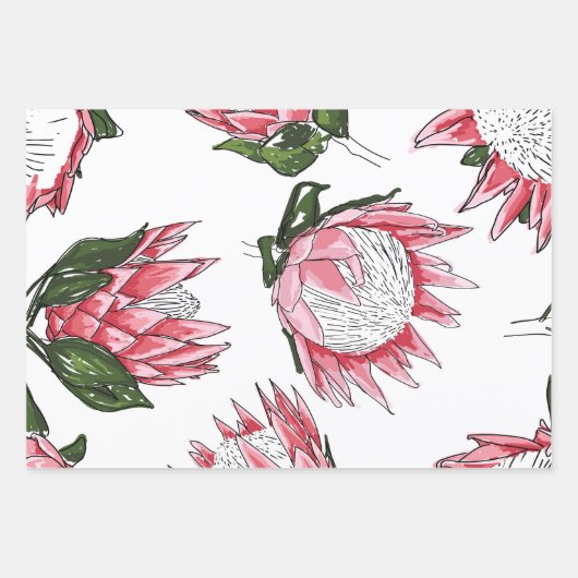 Pink Protea Aquarell Wrapping Paper Set 3 Geschenkpapier Set (Vorderseite)
