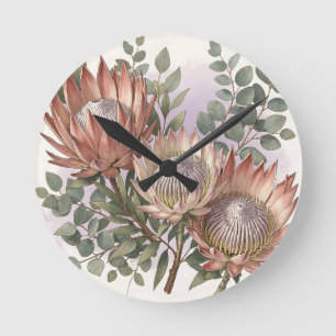 Pink Protea Eukalyptus Botanische Anordnung Runde Wanduhr