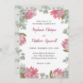 Pink Protea Eukalyptus Floral Wedding Einladung (Vorne/Hinten)