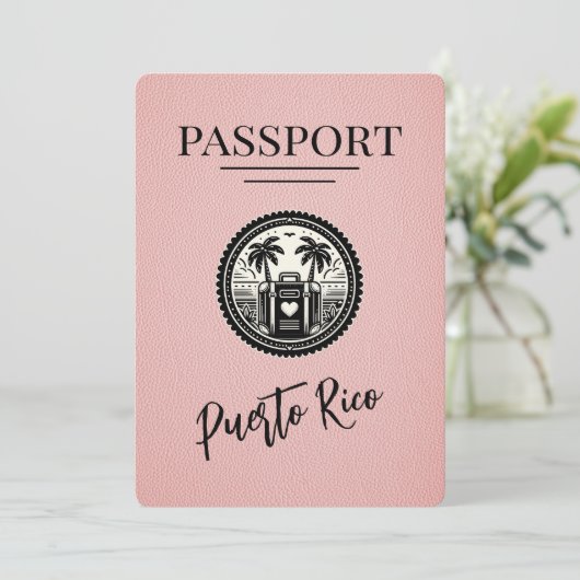 Pink Puerto Rico Passport Save The Date (Stehend Vorderseite)