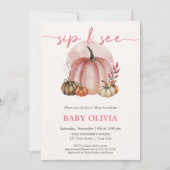 Pink Pumpkin Baby Girl Fall Sip und sehen Sie Gree Einladung (Vorderseite)