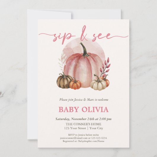 Pink Pumpkin Baby Girl Fall Sip und sehen Sie Gree Einladung (Vorderseite)
