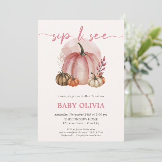 Pink Pumpkin Baby Girl Fall Sip und sehen Sie Gree Einladung (Stehend Vorderseite)