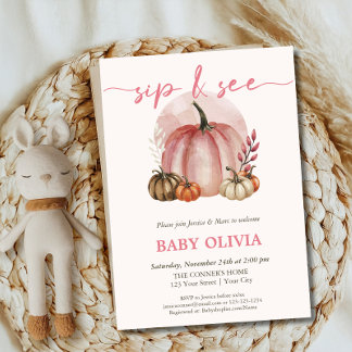Pink Pumpkin Baby Girl Fall Sip und sehen Sie Gree Einladung
