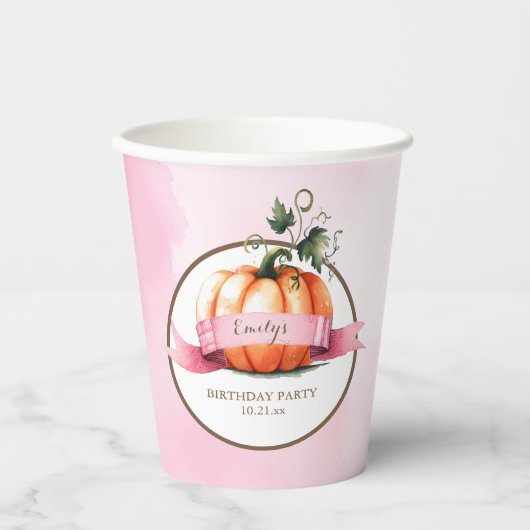 Pink Pumpkin Birthday Party Paper Cups Pappbecher (Vorderseite)