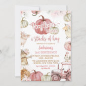 Pink Pumpkin Blätter und Stapel von Hay Birthday Einladung (Vorderseite)