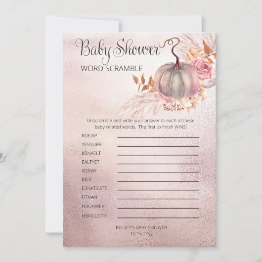 Pink Pumpkin Boho Pampas Baby Dusche Word Scramble Einladung (Vorderseite)
