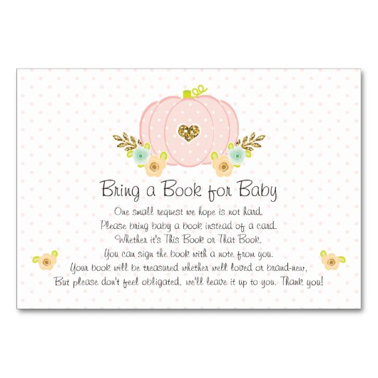 Pink Pumpkin Book Request Baby Showkarten Tischnummer (Vorderseite)