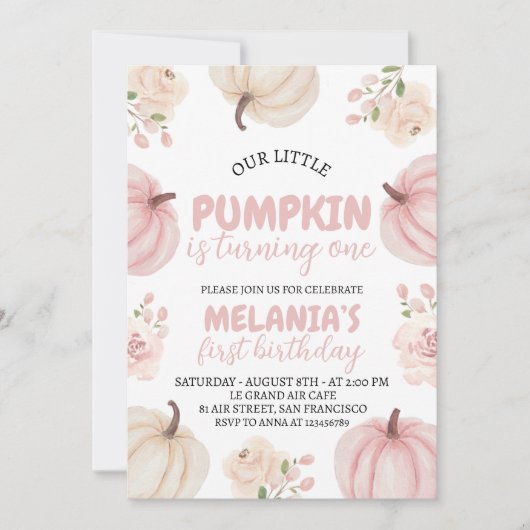 Pink Pumpkin Erster Geburtstag Einladung (Vorderseite)