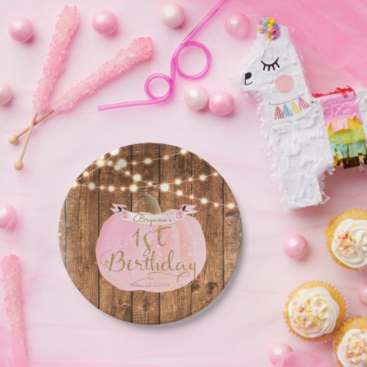 Pink Pumpkin Fall Rustikale Holzleuchten 1. Geburt Pappteller (Party)