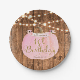 Pink Pumpkin Fall Rustikale Holzleuchten 1. Geburt Pappteller