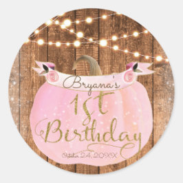 Pink Pumpkin Fall Rustikale Holzleuchten 1. Geburt Runder Aufkleber