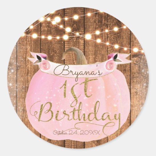 Pink Pumpkin Fall Rustikale Holzleuchten 1. Geburt Runder Aufkleber (Vorderseite)