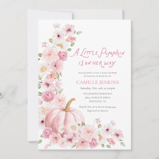Pink Pumpkin Floral Girl Baby Shower Einladung (Vorderseite)