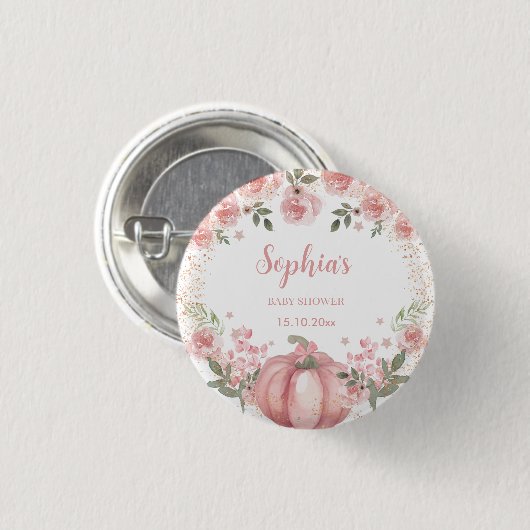 Pink Pumpkin Floral Girl Babydusche Button (Vorne & Hinten)