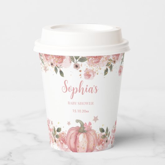 Pink Pumpkin Floral Girl Babydusche Papiertasse Pappbecher (Vorderseite)