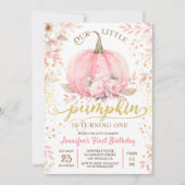 Pink Pumpkin Floral Gold Glitzer Girl 1. Geburtsta Einladung (Vorderseite)