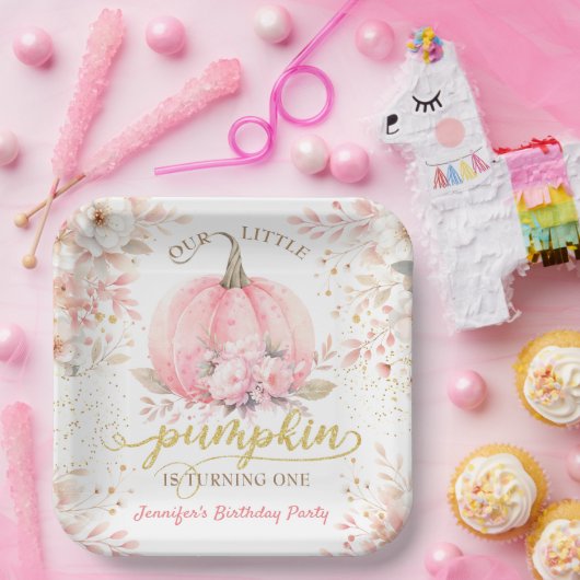 Pink Pumpkin Floral Gold Glitzer Girl 1. Geburtsta Pappteller (Party)