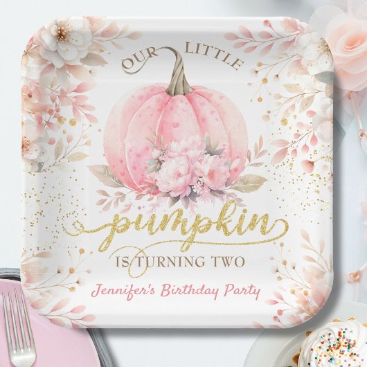 Pink Pumpkin Floral Gold Glitzer Girl Pappteller