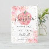 Pink Pumpkin & Floral Watercolor Girl 1. Geburtsta Einladung (Stehend Vorderseite)