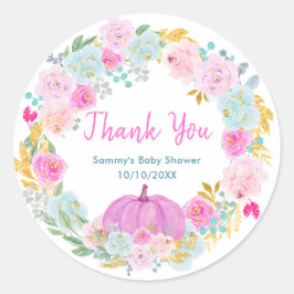 Pink Pumpkin Floral Wreath Baby Shower Thank You Runder Aufkleber