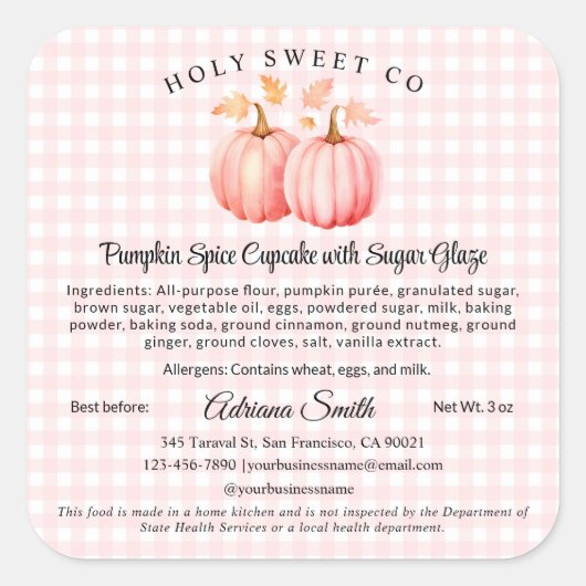 Pink Pumpkin Gingham Bakery Hütte Food Label Quadratischer Aufkleber (Vorderseite)