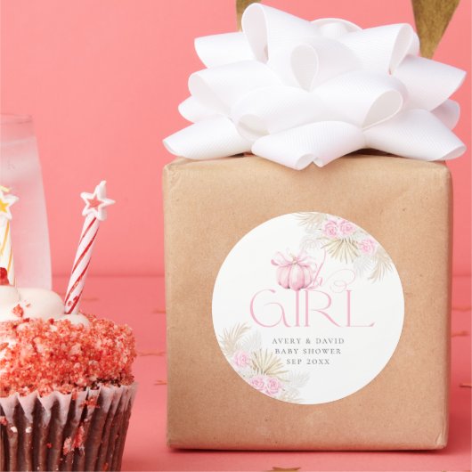 Pink Pumpkin Girl Floral Bow Baby Dusche Runder Aufkleber (Party)