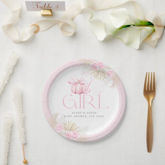 Pink Pumpkin Girl Floral Bow Baby Dusche Willkomme Pappteller (Hochzeit)
