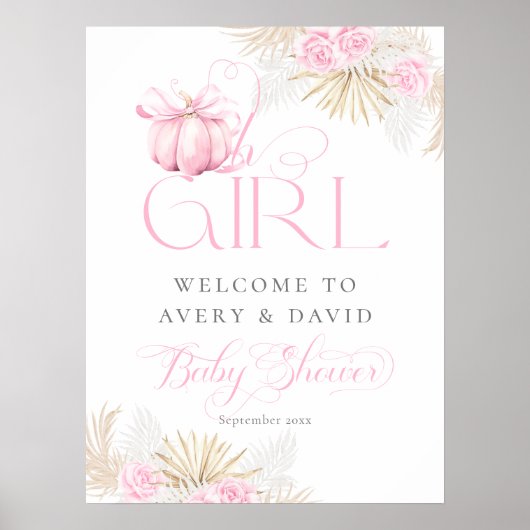 Pink Pumpkin Girl Floral Bow Baby Dusche Willkomme Poster (Vorne)