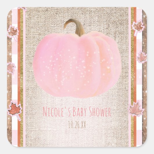 Pink Pumpkin Herbst Rustikale Babydusche Quadratischer Aufkleber (Vorderseite)