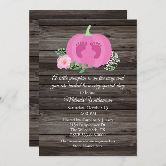 Pink Pumpkin Rustic Wood Baby Dusche Einladung (Vorne/Hinten)