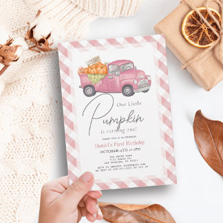 Pink Pumpkin Truck Gingham Girl 1. Geburtstag Einladung