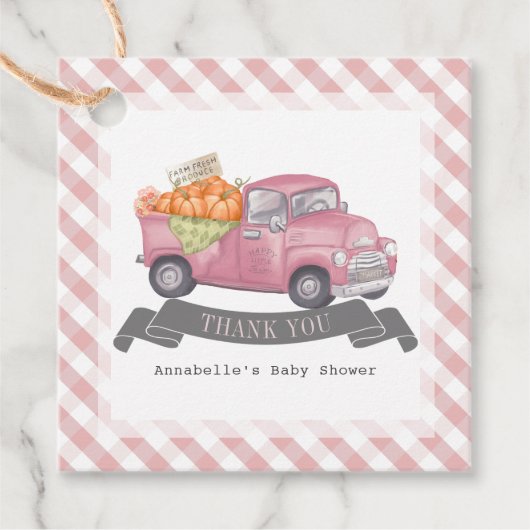 Pink Pumpkin Truck Gingham Girl Babydusche Geschenkanhänger (Vorderseite)