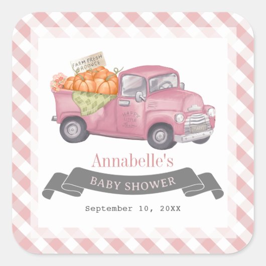 Pink Pumpkin Truck Gingham Girl Babydusche Quadratischer Aufkleber (Vorderseite)