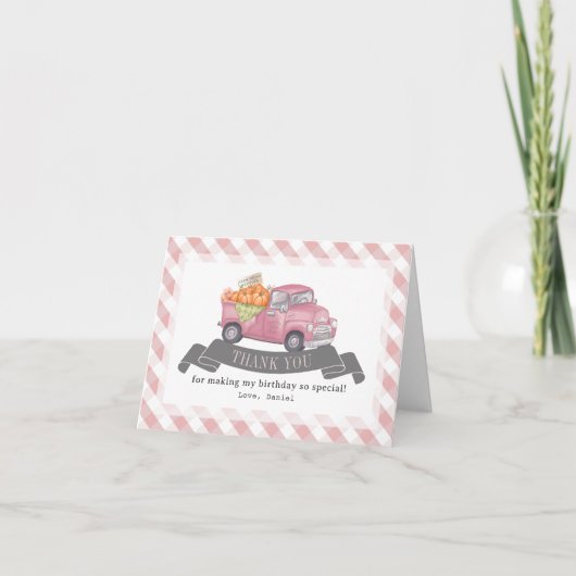 Pink Pumpkin Truck Gingham Girl Birthday Dankeskarte (Vorderseite)